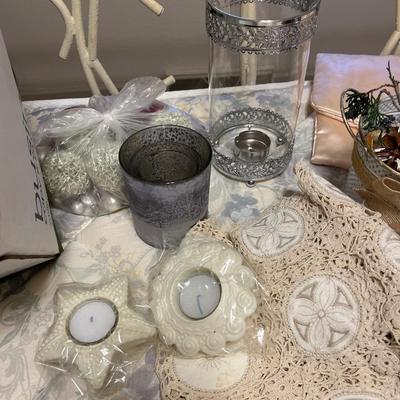 Bath items, shower curtain and candles