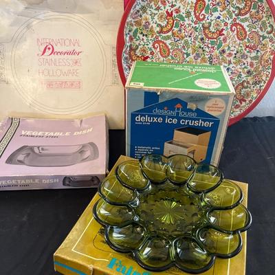 Stainless trays, ice crusher, deviled egg plate & metal tray