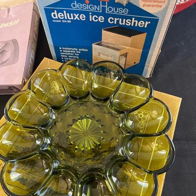 Stainless trays, ice crusher, deviled egg plate & metal tray