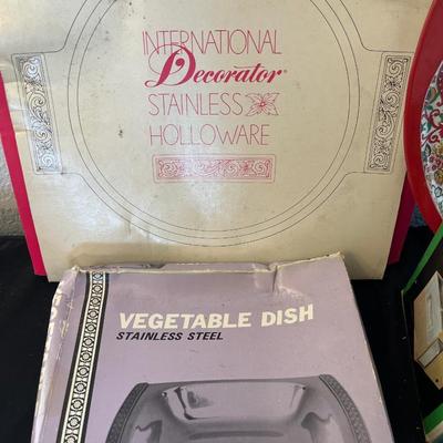 Stainless trays, ice crusher, deviled egg plate & metal tray