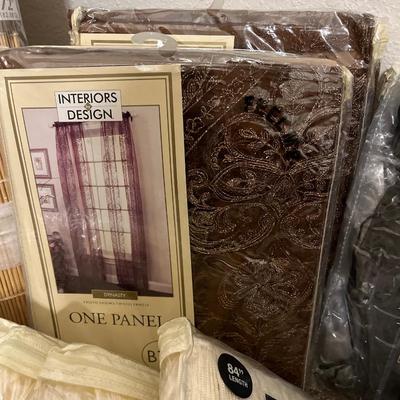 NIB curtains, rods medicine cabinet/mirror and misc glassware