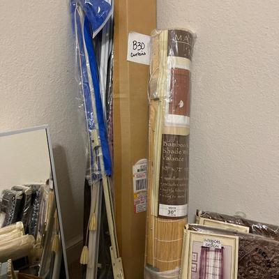 NIB curtains, rods medicine cabinet/mirror and misc glassware