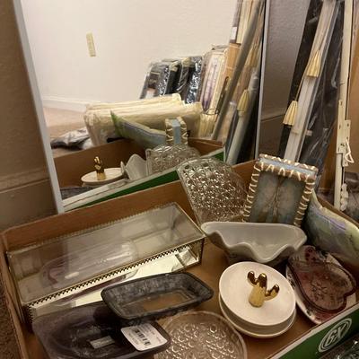 NIB curtains, rods medicine cabinet/mirror and misc glassware