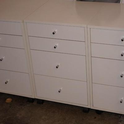 GROUPING OF THREE FOUR DRAWER CABINETS W/ WHITE LAMINATE QUALITY