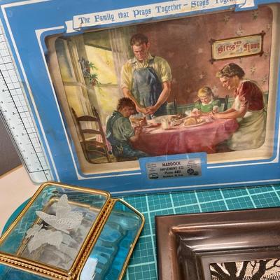 Glass butterfly wall pocket with vintage implement and home interiors decor