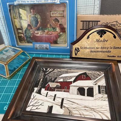 Glass butterfly wall pocket with vintage implement and home interiors decor