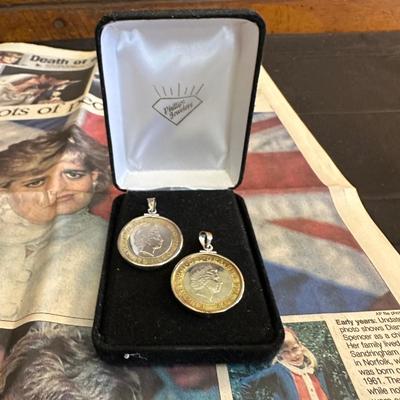 1997 Newspaper Cover Following the Death of Princess Diana, Two Coin Edged Pendants and More Items following the Royal Family
