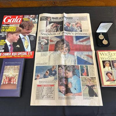 1997 Newspaper Cover Following the Death of Princess Diana, Two Coin Edged Pendants and More Items following the Royal Family