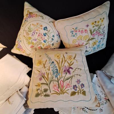Collection of Hand-Embroidered Crewel Pillows & Linens (BD-SD)