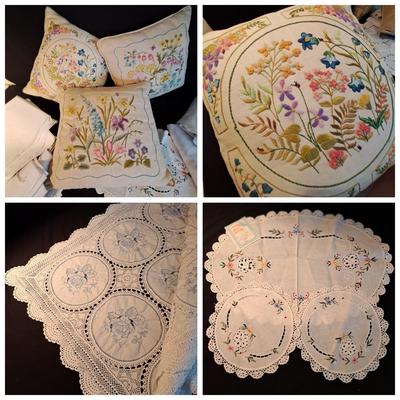 Collection of Hand-Embroidered Crewel Pillows & Linens (BD-SD)