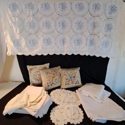 Collection of Hand-Embroidered Crewel Pillows & Linens (BD-SD)