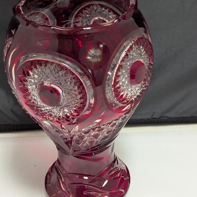 10 1/2" Tall Cranberry Crystal Vase Diamond Cut (DR)