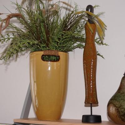 DECORATIVE GROUPING OF A 14" MUSTARD COLORED GLAZED VASE W/ DRIEDS, CLAY FIGURINE IN ABSTRACT FORM & A PEAR OF CLAY IN EARTHTONE...
