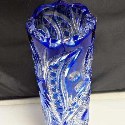 13 3/4" Tall Hand Made Cobalt Blue Cut Etched 10" Vase USSR - Russia - Sticker (DR)