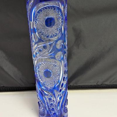 13 3/4" Tall Hand Made Cobalt Blue Cut Etched 10" Vase USSR - Russia - Sticker (DR)