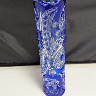 13 3/4" Tall Hand Made Cobalt Blue Cut Etched 10" Vase USSR - Russia - Sticker (DR)
