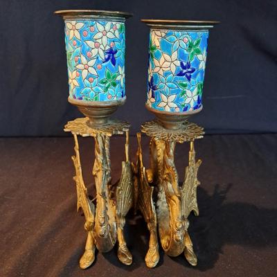 Pair of Vintage Brass & Enamel Dragon Candlesticks (BD-SD)