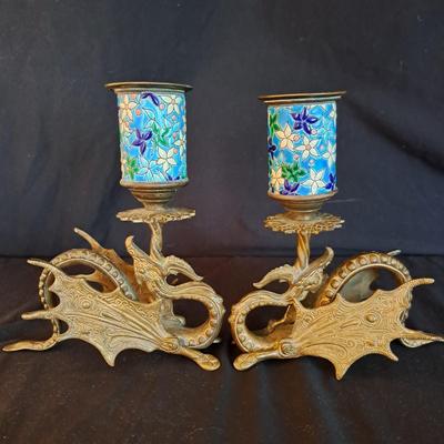 Pair of Vintage Brass & Enamel Dragon Candlesticks (BD-SD)