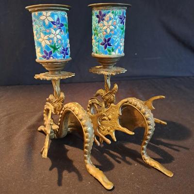 Pair of Vintage Brass & Enamel Dragon Candlesticks (BD-SD)