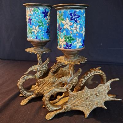 Pair of Vintage Brass & Enamel Dragon Candlesticks (BD-SD)