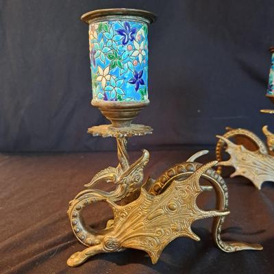 Pair of Vintage Brass & Enamel Dragon Candlesticks (BD-SD)
