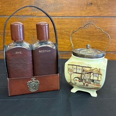 Lot Made in England, Vintage Jam Jar and Modern Leather Scotch & Rye Decanters