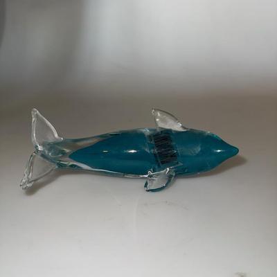 Dolphin Art Glass Dark Teal and Clear Figurine