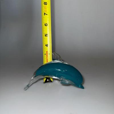 Dolphin Art Glass Dark Teal and Clear Figurine