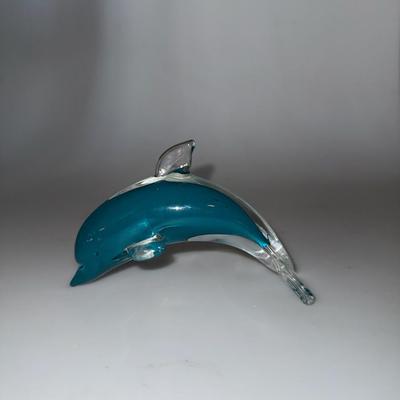 Dolphin Art Glass Dark Teal and Clear Figurine