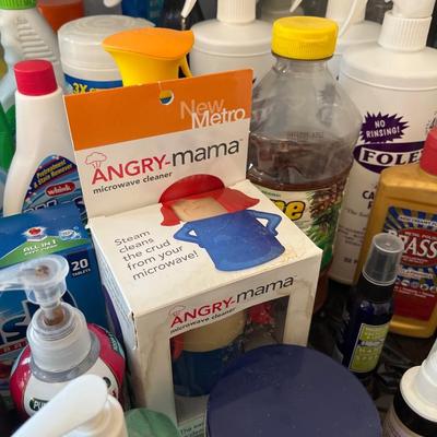 Large group of cleaning supplies