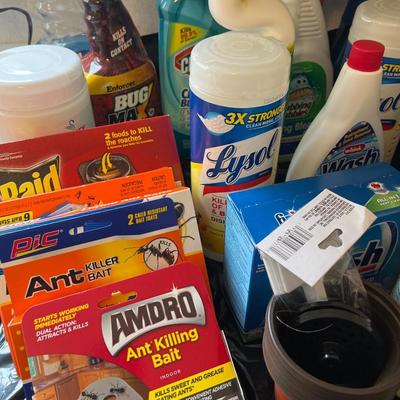 Large group of cleaning supplies