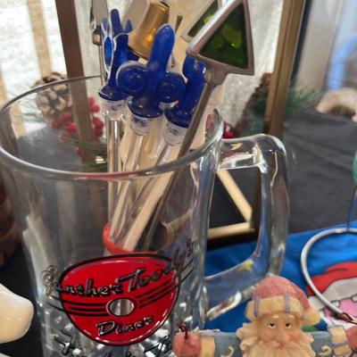 Holiday decor, glass pitchers, stir sticks, Breckenridge ornaments