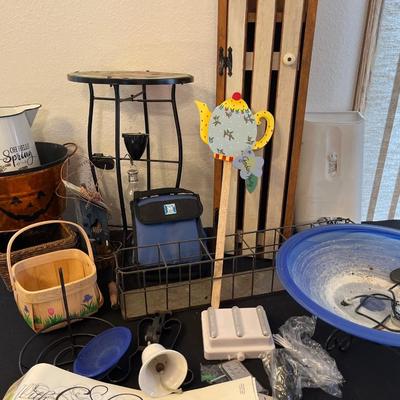 Bird bath with pump, cardinal table, cabinet, etc