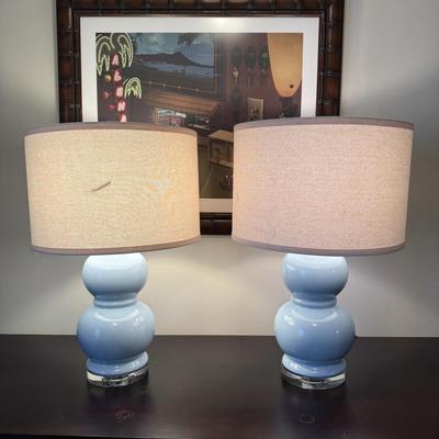 Robert Abbey Blue Ceramic Gourd Table Lamps Set of 2 with Shades
