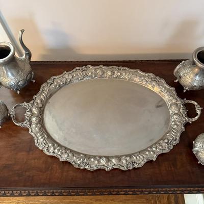 Antique Silver Plated Tea & Coffee Set with Ornate Tray