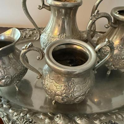 Antique Silver Plated Tea & Coffee Set with Ornate Tray