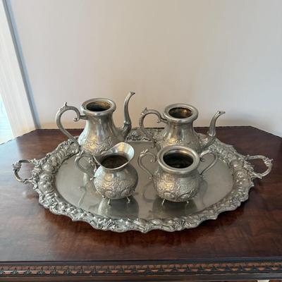 Antique Silver Plated Tea & Coffee Set with Ornate Tray