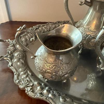 Antique Silver Plated Tea & Coffee Set with Ornate Tray