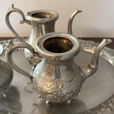 Antique Silver Plated Tea & Coffee Set with Ornate Tray
