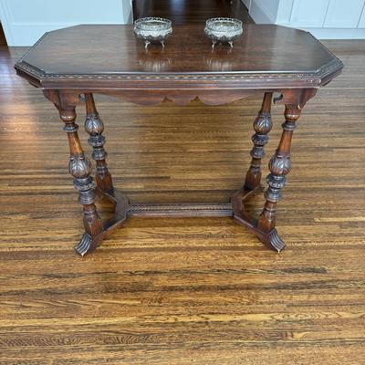 Antique Octagonal Walnut Center Table with Carved Details Vintage Style