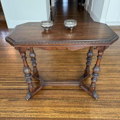Antique Octagonal Walnut Center Table with Carved Details Vintage Style