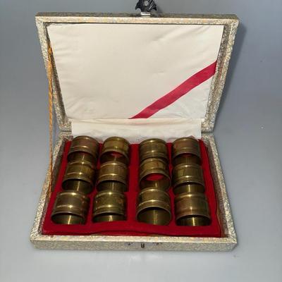 Vintage Set of 12 Round Brass Napkin Rings Original Box