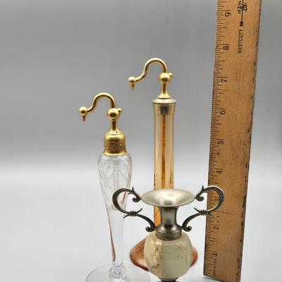 LOT 65A: Antique Devilbiss Etched Glass Perfume Atomizers and MCM vase ase