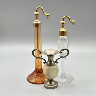 LOT 65A: Antique Devilbiss Etched Glass Perfume Atomizers and MCM vase ase