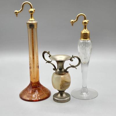 LOT 65A: Antique Devilbiss Etched Glass Perfume Atomizers and MCM vase ase