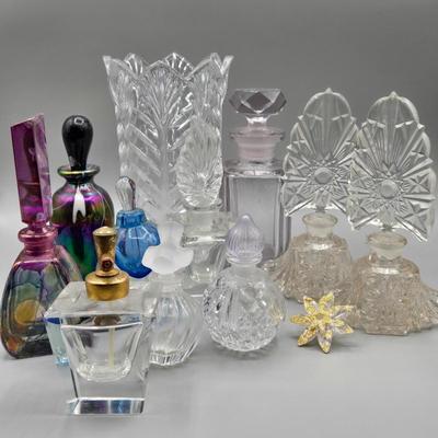 LOT 69A: Vintage and Antique Perfume Bottles featuring Beautiful Hanging Hearts And Vine Iridescent Art Glass Perfume Bottle