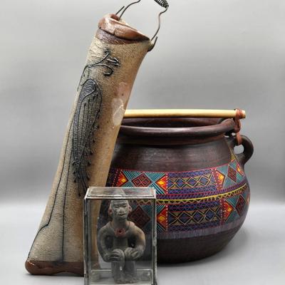 LOT 73C: Handpainted and Numbered Clay Pot, Wall Hanging, and Small Figure