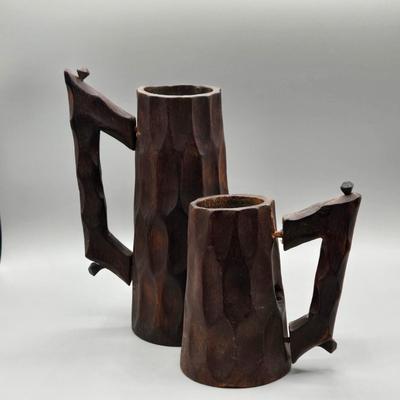 LOT 74C: Hand carved , Wooden Mugs From Spain and Carved Wooden Statue