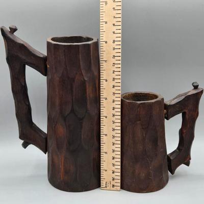 LOT 74C: Hand carved , Wooden Mugs From Spain and Carved Wooden Statue