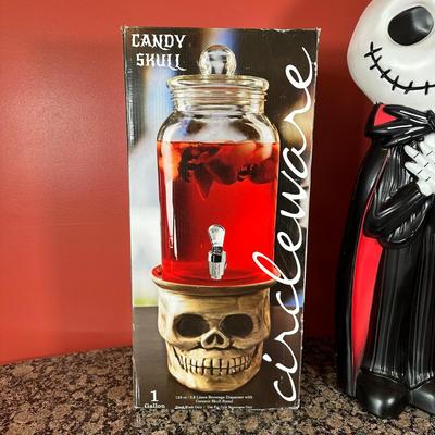 LOT 81C: Jack Skellington Light Up Yard Decor & Candy Skull Beverage Dispenser